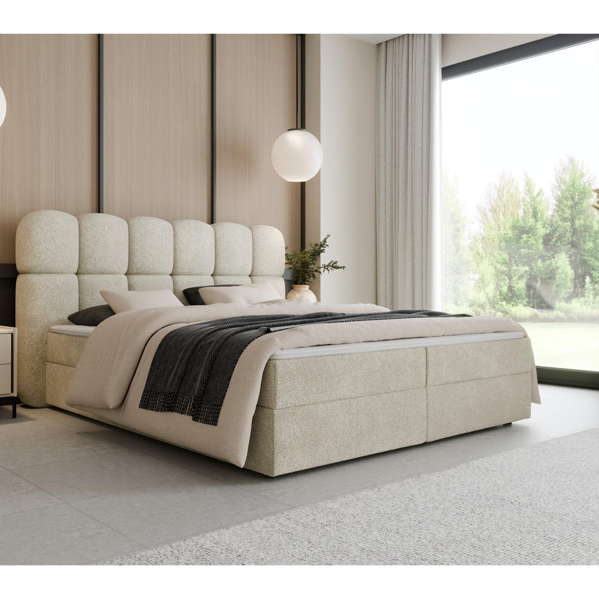 BOXSPRINGBETT SOFTI II 160x200 cm, Cremeweiß Bouclé, inkl. Bettkasten & Topper - Creme, Textil (160/200cm) - Excellent Home