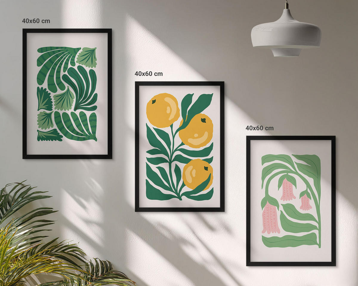 BILDER SET 3er Set - 40x60 cm Schwarzer Rahmen - Minimalistische Pflanzenmuster - Schwarz, Kunststoff (40/60cm) - TULUP