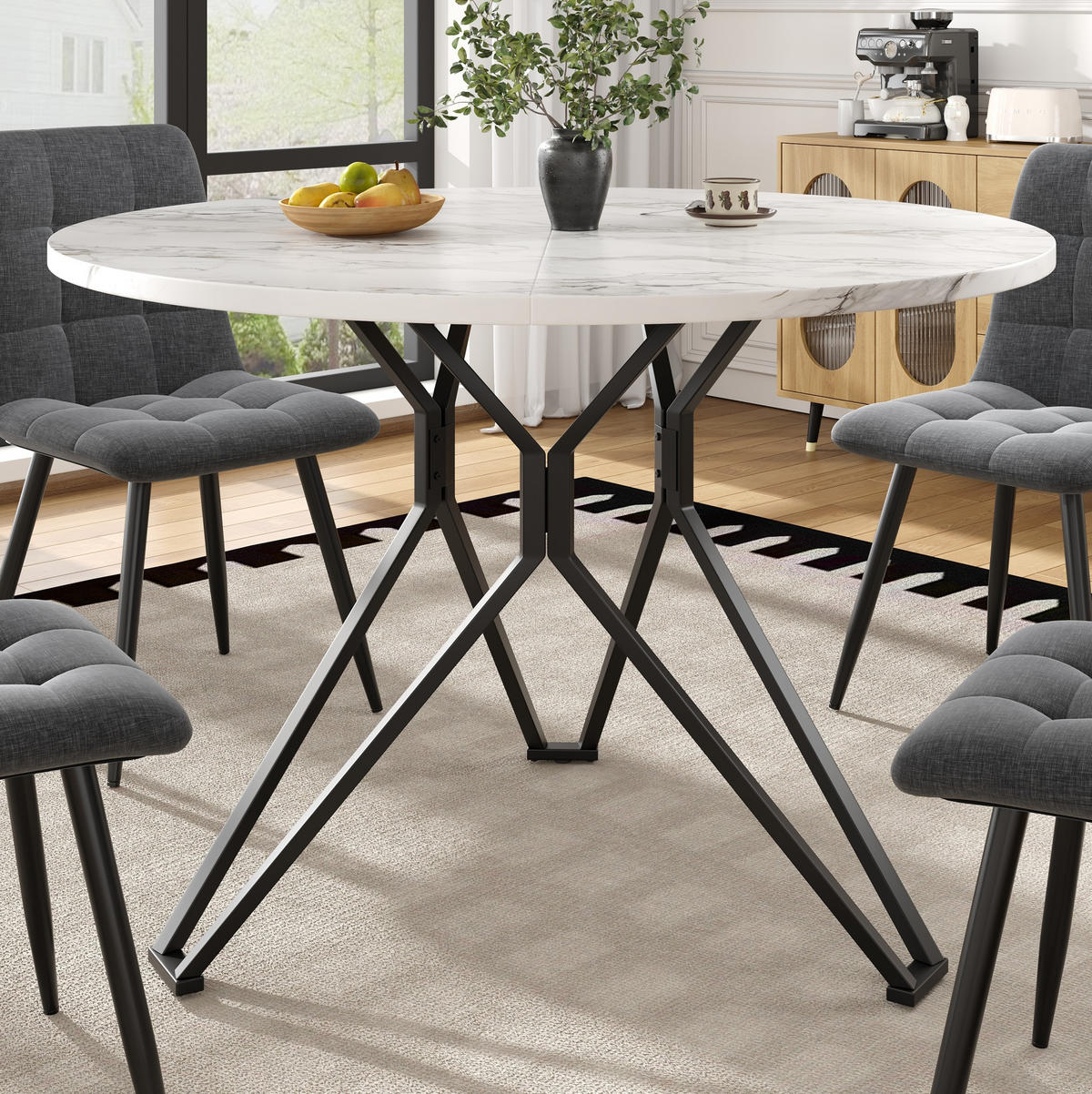 ESSTISCH rund, MDF mit Marmoroptik & Metallgestell, 100/100/76 cm, Schwarz - Schwarz, Holzwerkstoff (100/100/76cm) - Redom