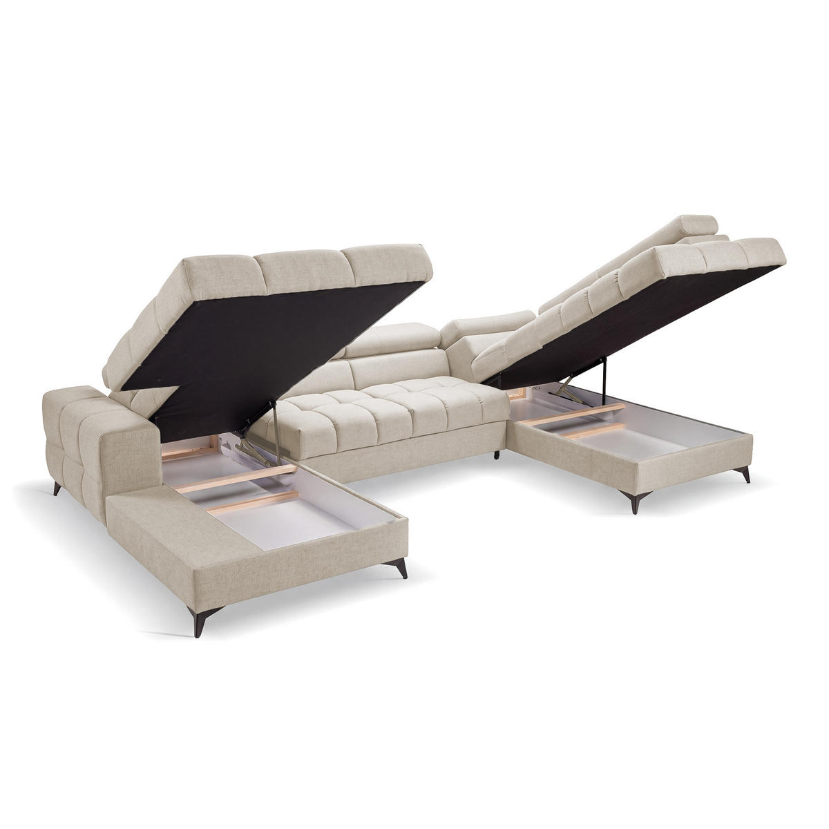 ECKSOFA PUDDING U Links mit Schlaffunktion 125x260 Velours Creme - Creme/Schwarz, Holz/Textil (203/350cm) - Muffo