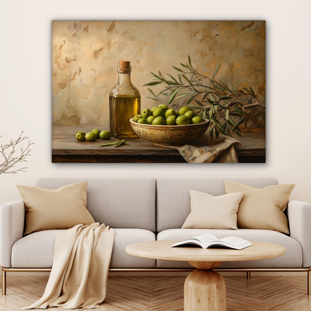 LEINWANDBILD Oliven - Stilleben - Vintage Wohnzimmer Groß 120x80 cm - Olivgrün, Textil (120/80cm) - MuchoWow