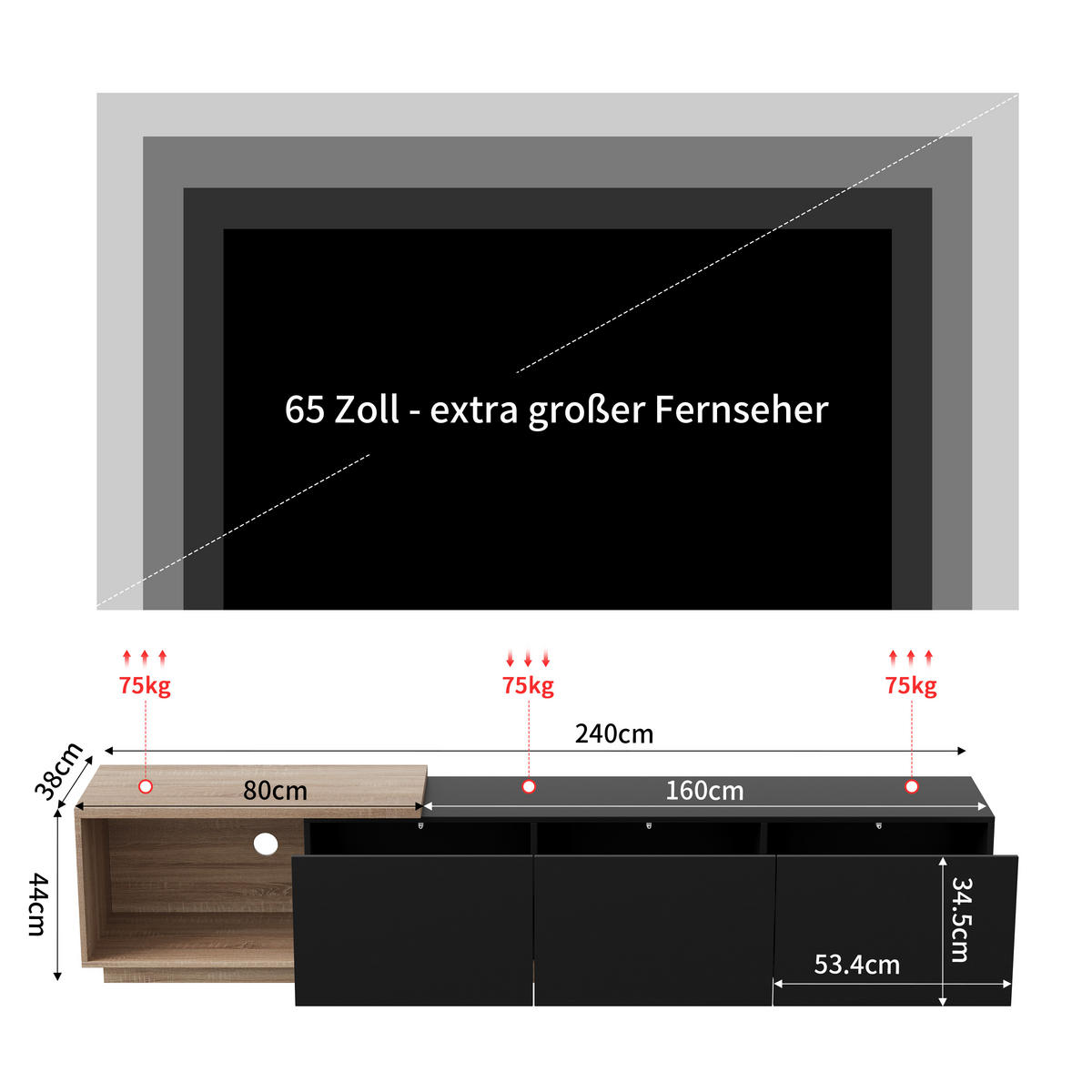 TV-SCHRANK 180 cm, schwarz, LED tricolor Sensor, Feder-Schubladen, Holz braun/schwarz - Schwarz, Holz (240/44/38cm) - EuroLiving
