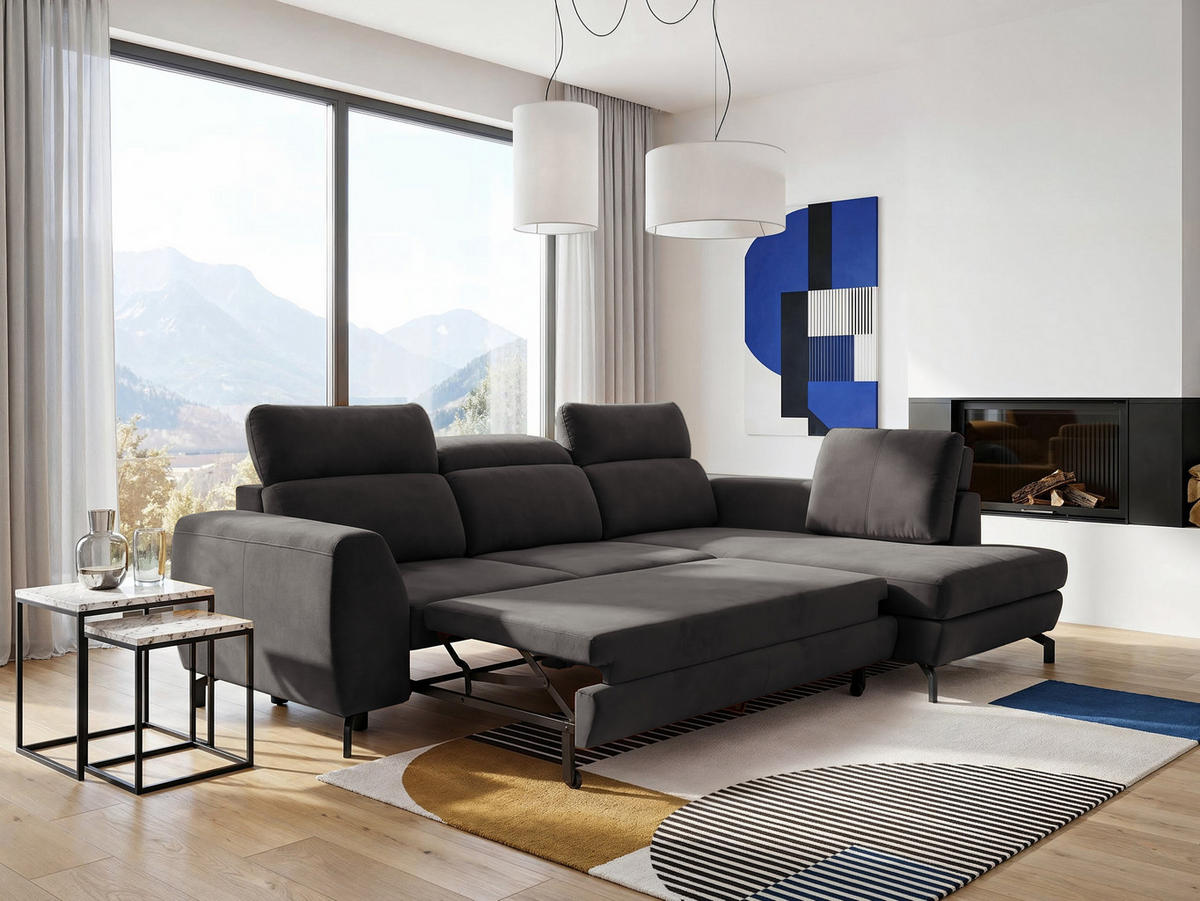 ECKSOFA ANTE Rechts, mit Schlaffunktion und Bettkasten, Dunkelgrau - Dunkelgrau, Textil/Metall (266/184cm) - Idohome