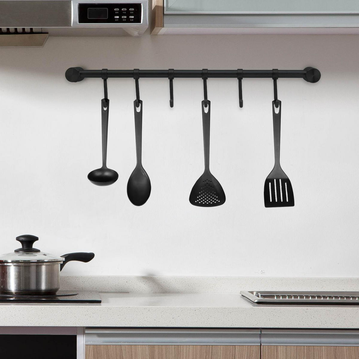 KÜCHEN HAKENLEISTE mit 7 Haken - Schwarz, Metall (3.4/2.2/35.8cm) - Intirilife
