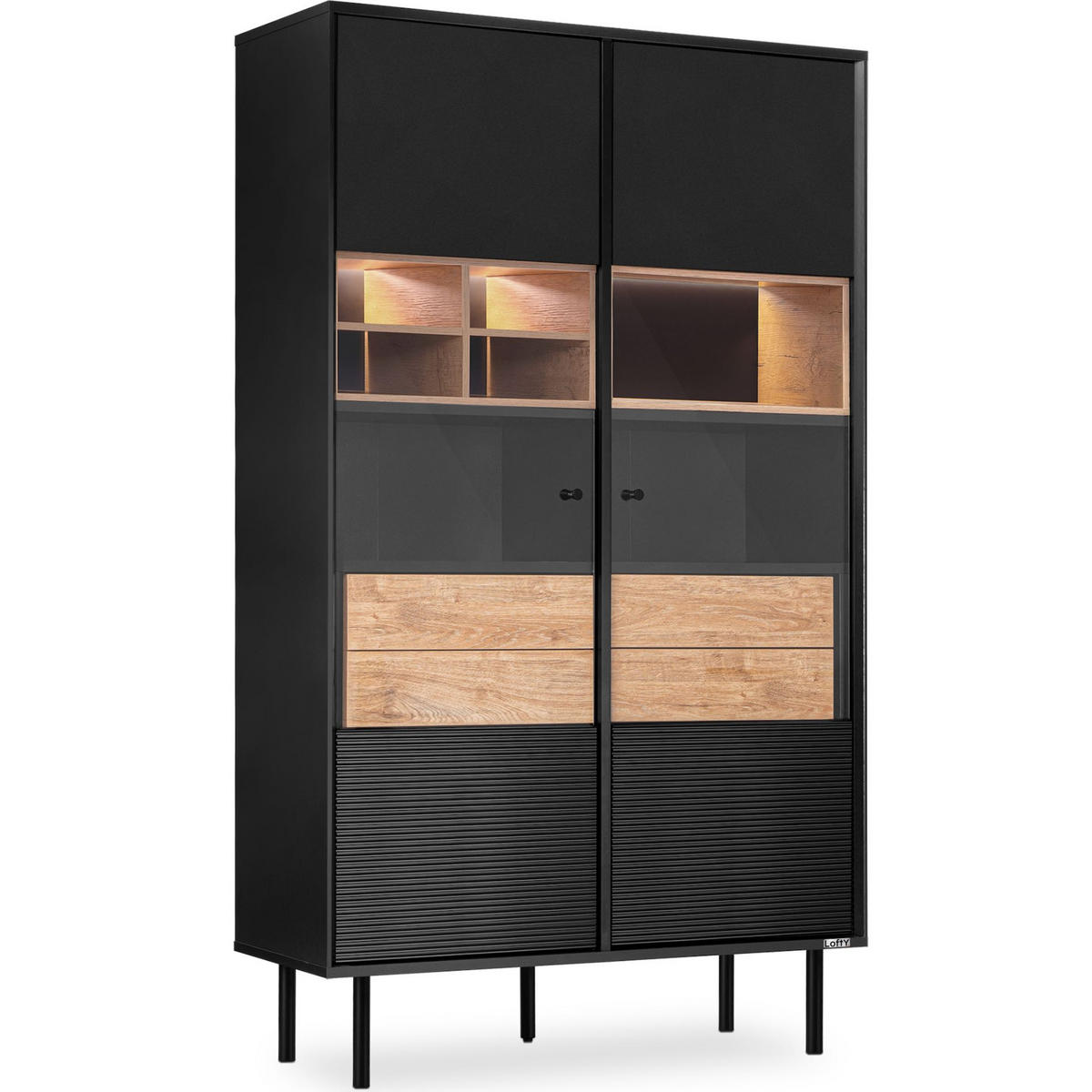 VITRINE LOFTY Kreuz/Außenseiteneinlage, schwarz / Eiche natur - Eichefarben/Multicolor, Holzwerkstoff (102/174/41cm) - KONSIMO®