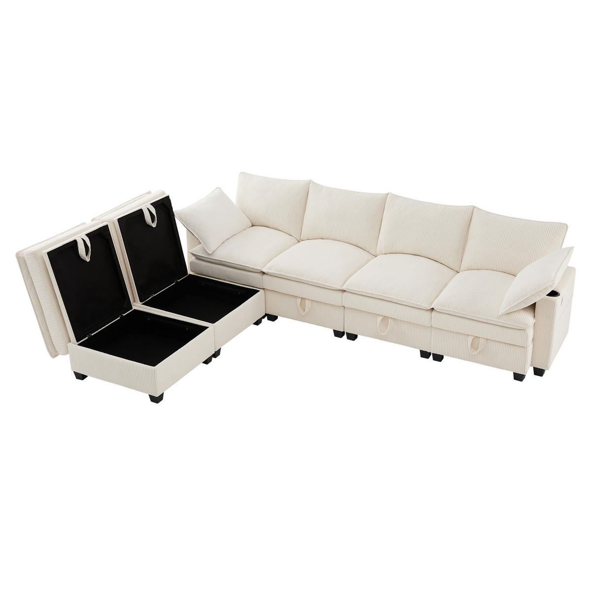 ECKSOFA Modulares 5-6-Sitzer mit Fußhocker und USB-Anschlüssen Cord Beige 280/151/82 cm - Beige, Textil (280/152cm) - OKWISH