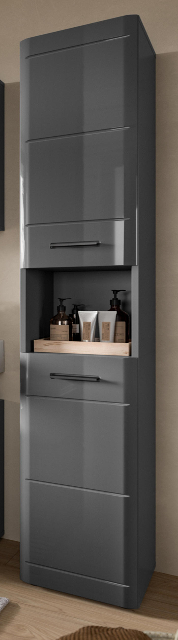 HOCHSCHRANK grau Hochglanz 30 x 180 cm, Badschrank mit Soft-Close - Schwarz/Grau, Holzwerkstoff/Kunststoff (30/180/30cm) - Inn.Furn