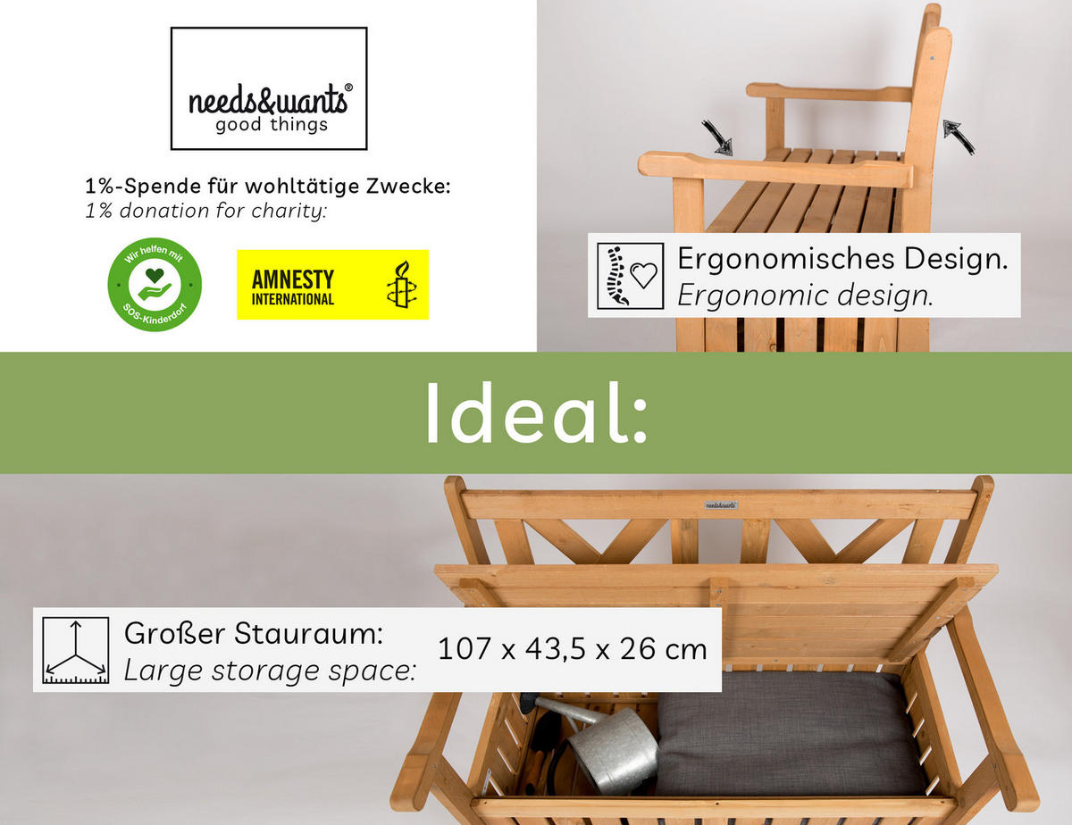 GARTENBANK aus Holz wetterfest mit Stauraum, für Balkon & Garten - Braun, Holz (115/85/58cm) - needs&wants