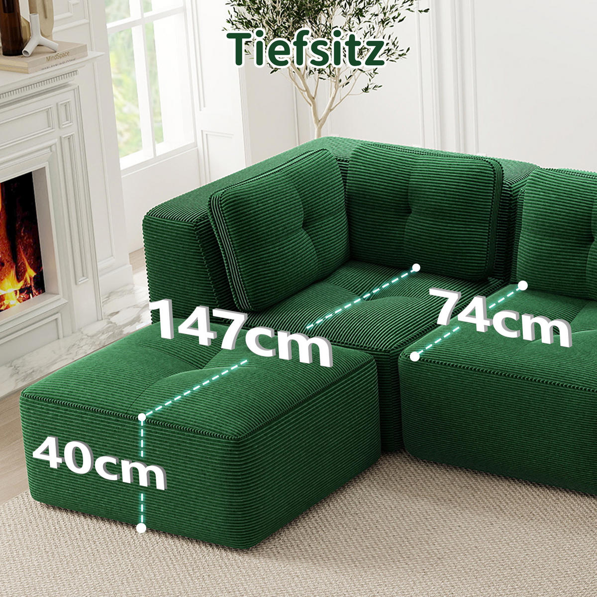 2-SITZER Sofa 208x104x69 cm aus Cordstoff rahmenlos modular, grün - Grün, Textil (104/69/208cm)