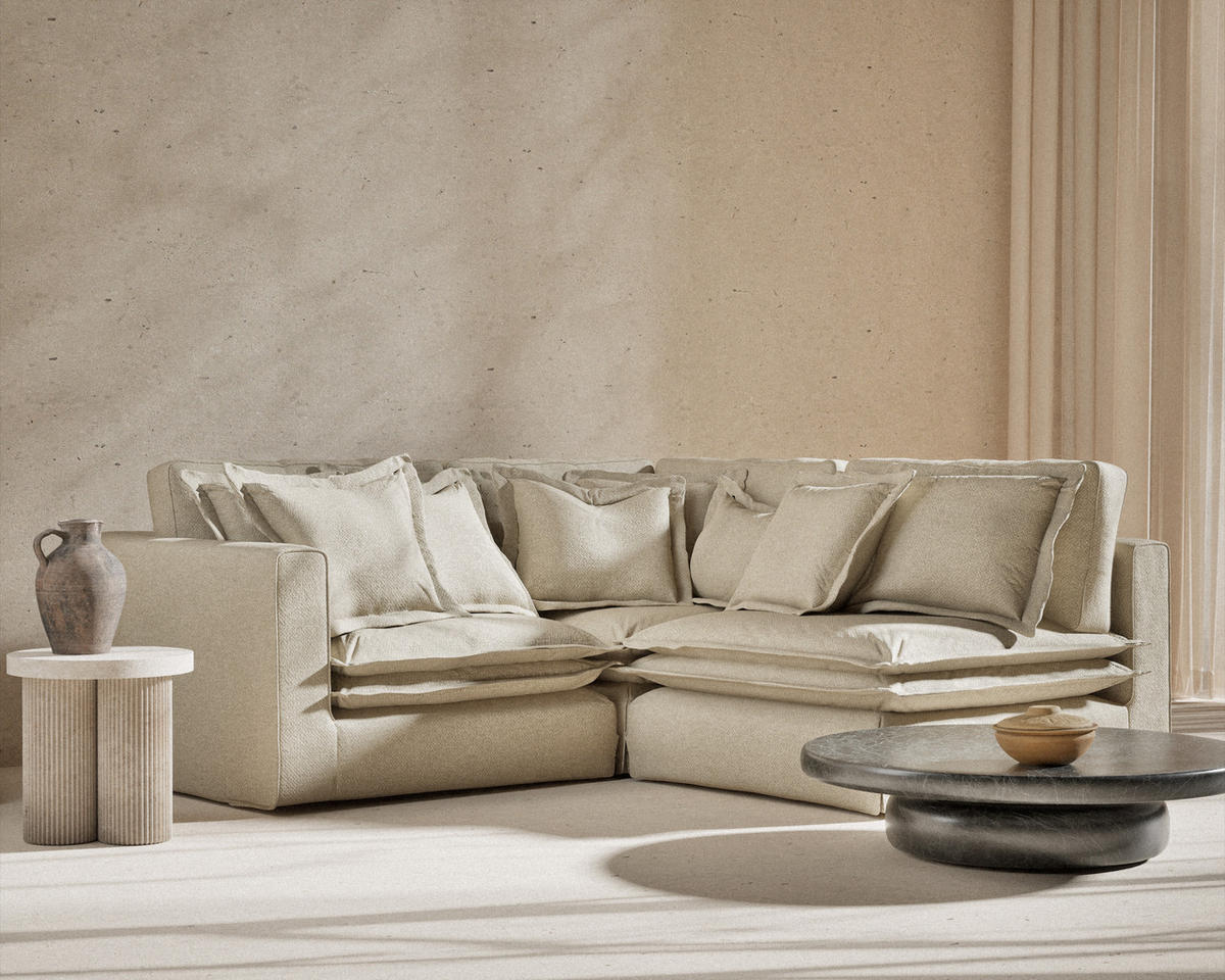 ECKSOFA Amalfi Beige Grau Chenille-Stoff - Beige/Schwarz, Holz/Holzwerkstoff (238/222cm) - Maison de Reve