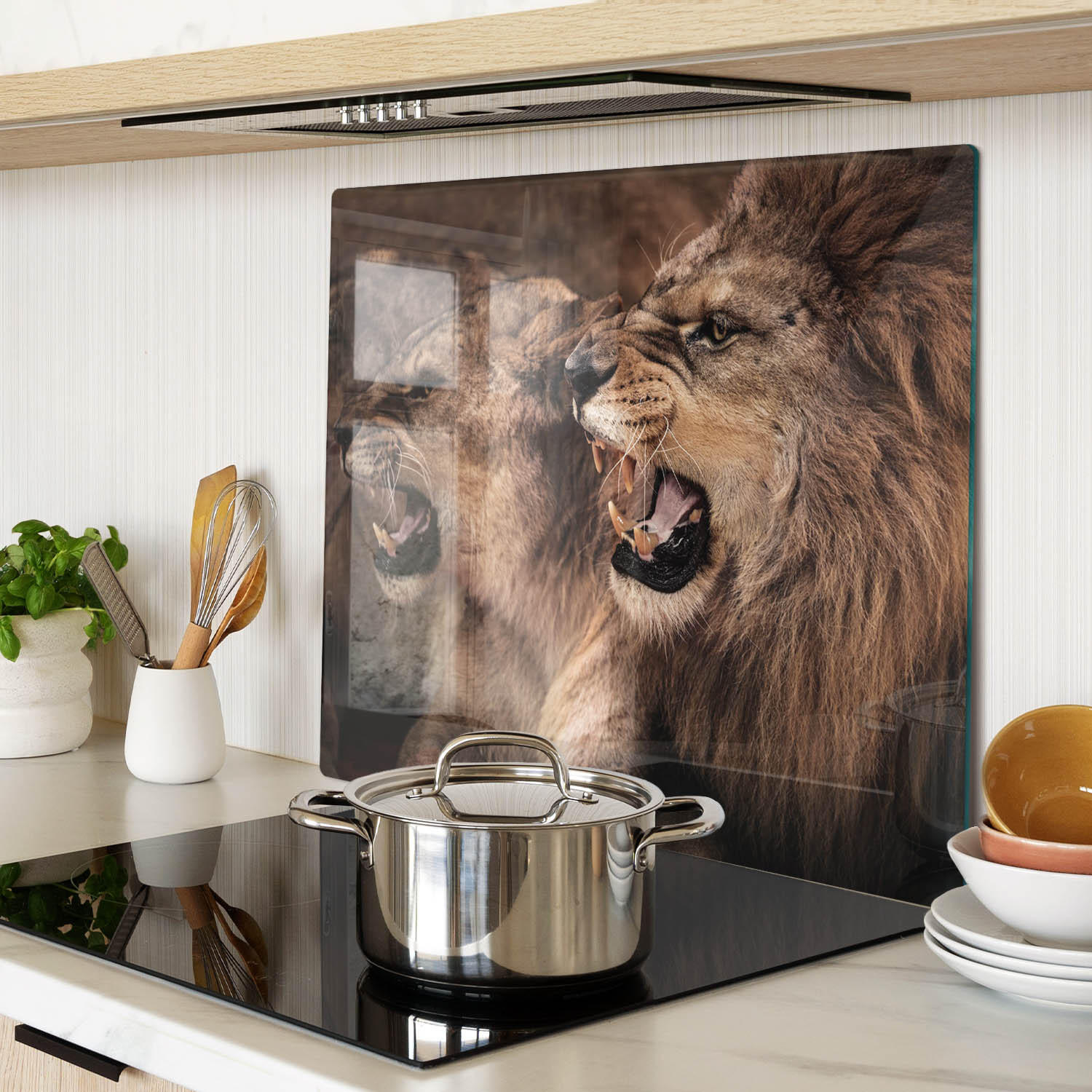 GLASPLATTE 60x52 cm Brüllende Löwen - Braun, Glas (60/0.4/52cm) - TULUP