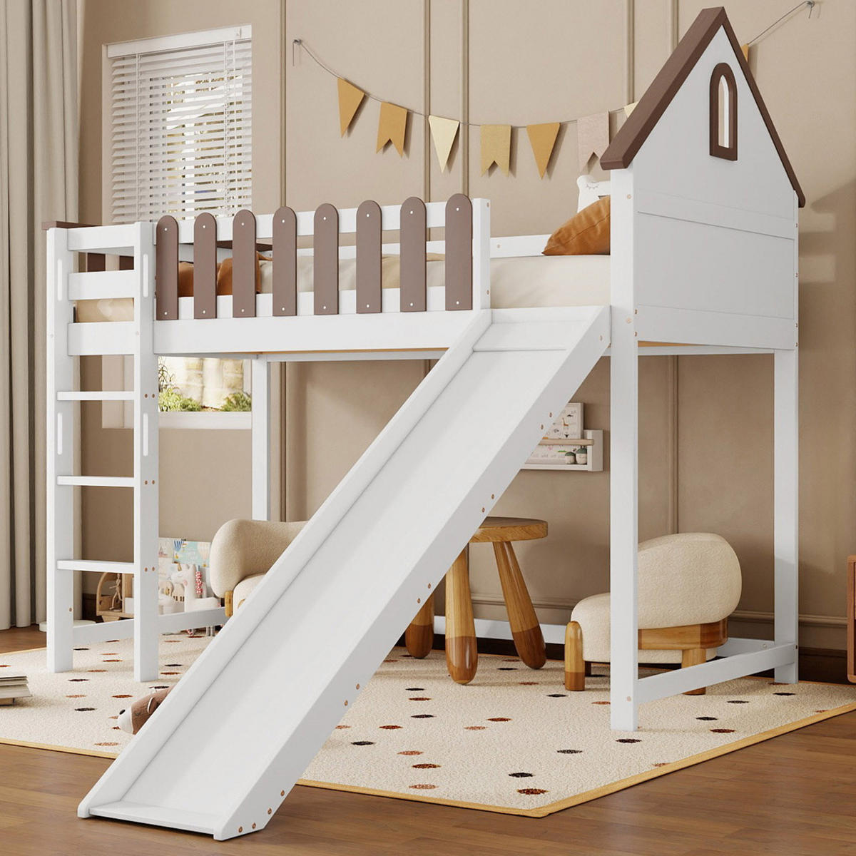 HOCHBETT 90/200 cm in Weiß/Walnuss – mit Rutsche und Rausfallschutz - Weiß, Holzwerkstoff (90/200cm) - BEAOK