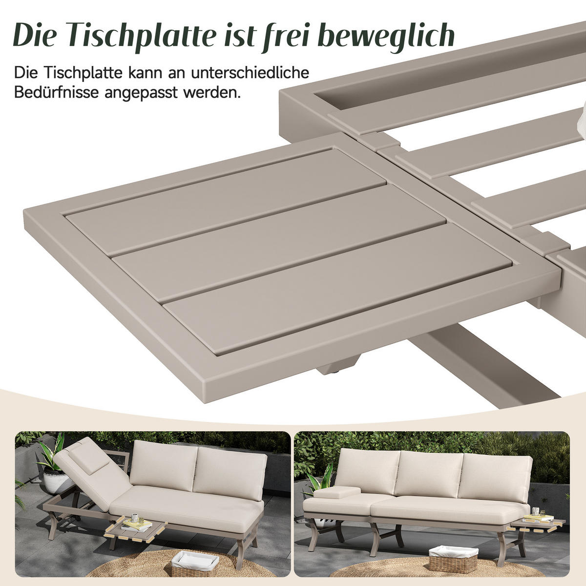 GARTENMÖBEL-SET 3-Sitzer Sofa Verstellbar Tisch Stahl Beige - Beige, Textil (66/66/168cm) - FLIEKS