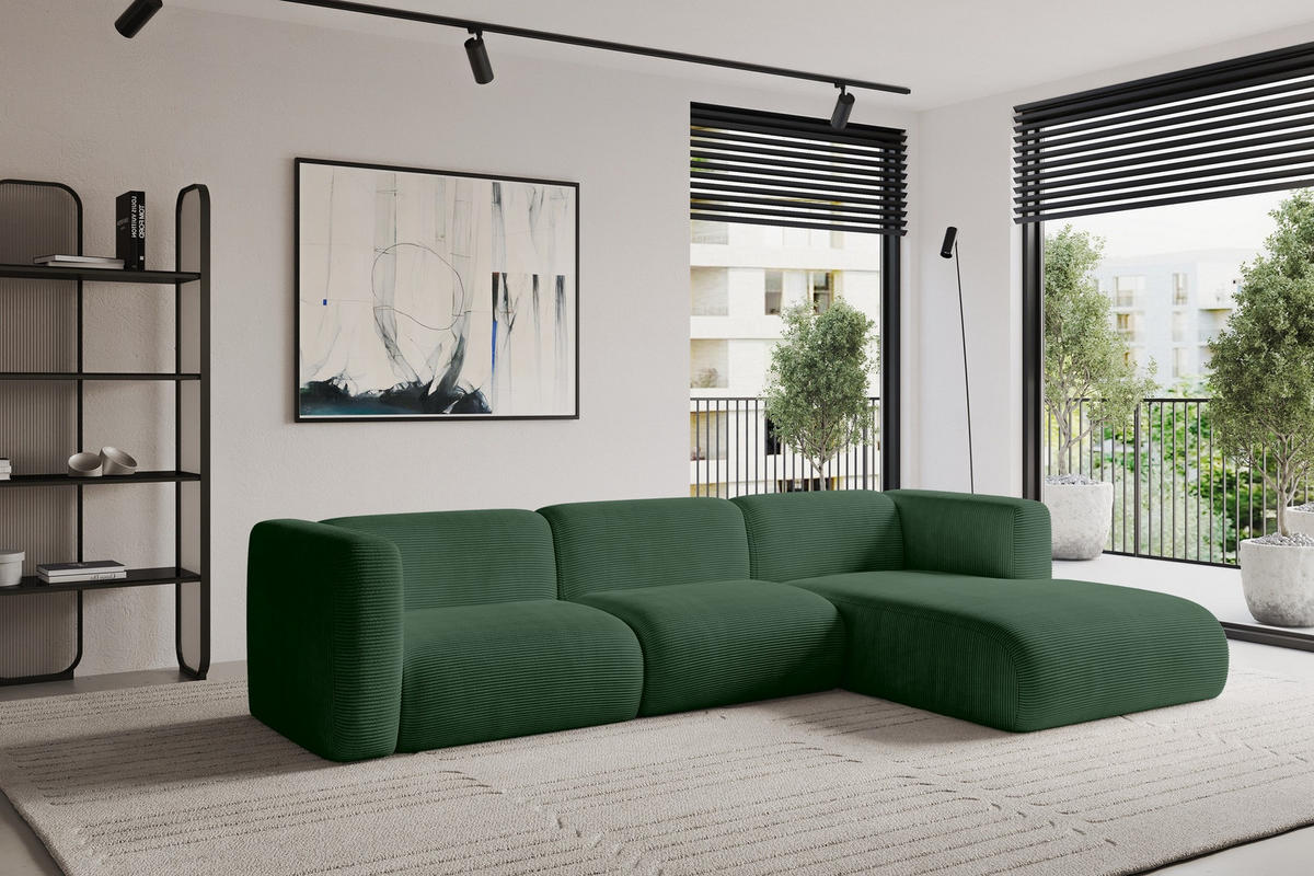 ECKSOFA Ottomane Rechts MIRA-L1 227x179x89 Grün Cord - Salbeigrün/Schwarz, Holzwerkstoff/Kunststoff (227/179cm) - ALTDECOR