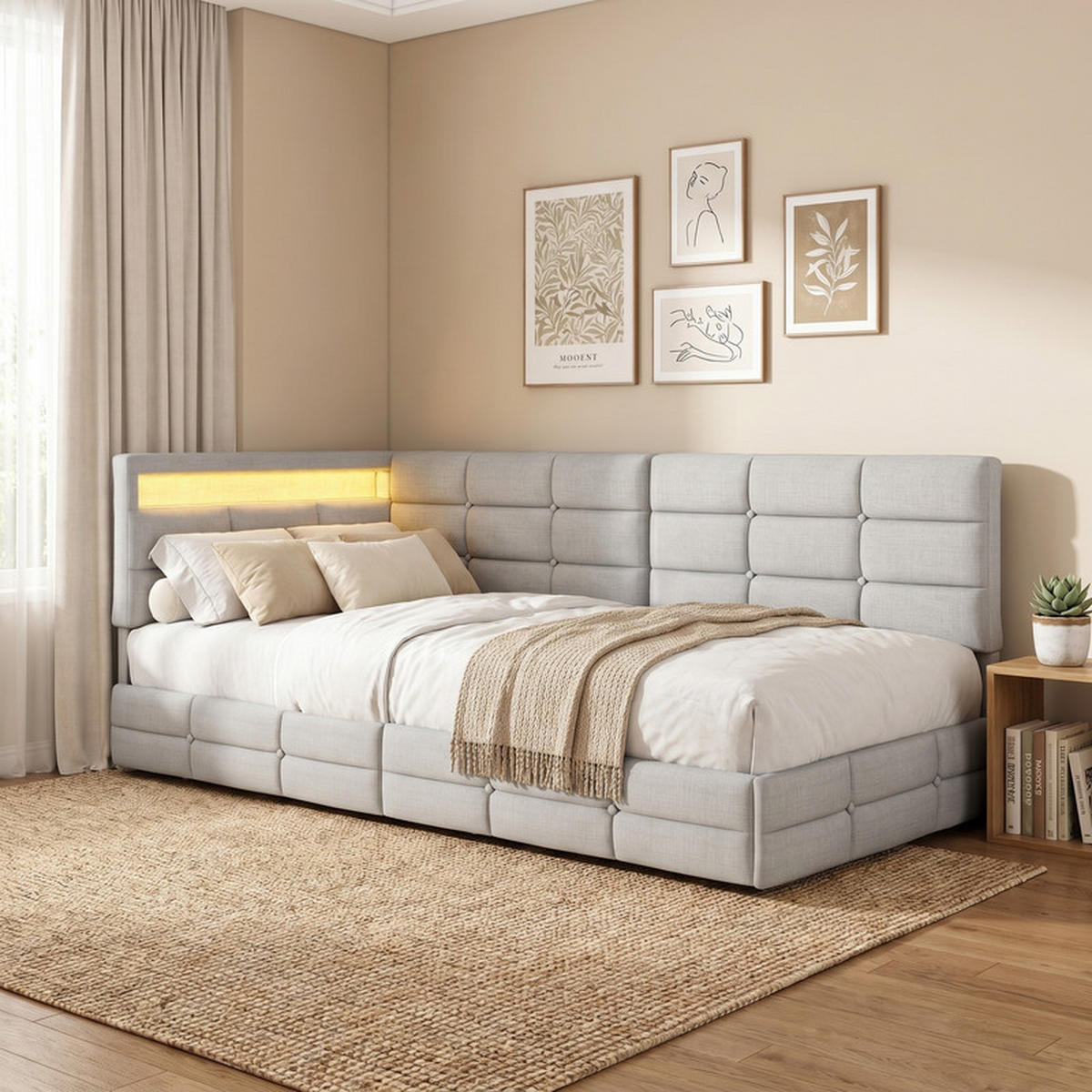 POLSTERBETT 90/200 cm beige mit Schubladen, LED und USB - Beige, Holz - SHOPENTRA
