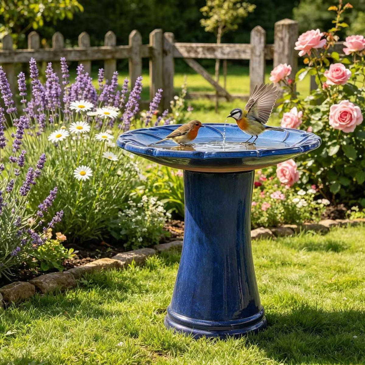VOGELBAD mit Standfuß, Keramik Ø43/45H cm, Wetterfest, Blau - Blau, Keramik (43/45/43cm) - LVHOM