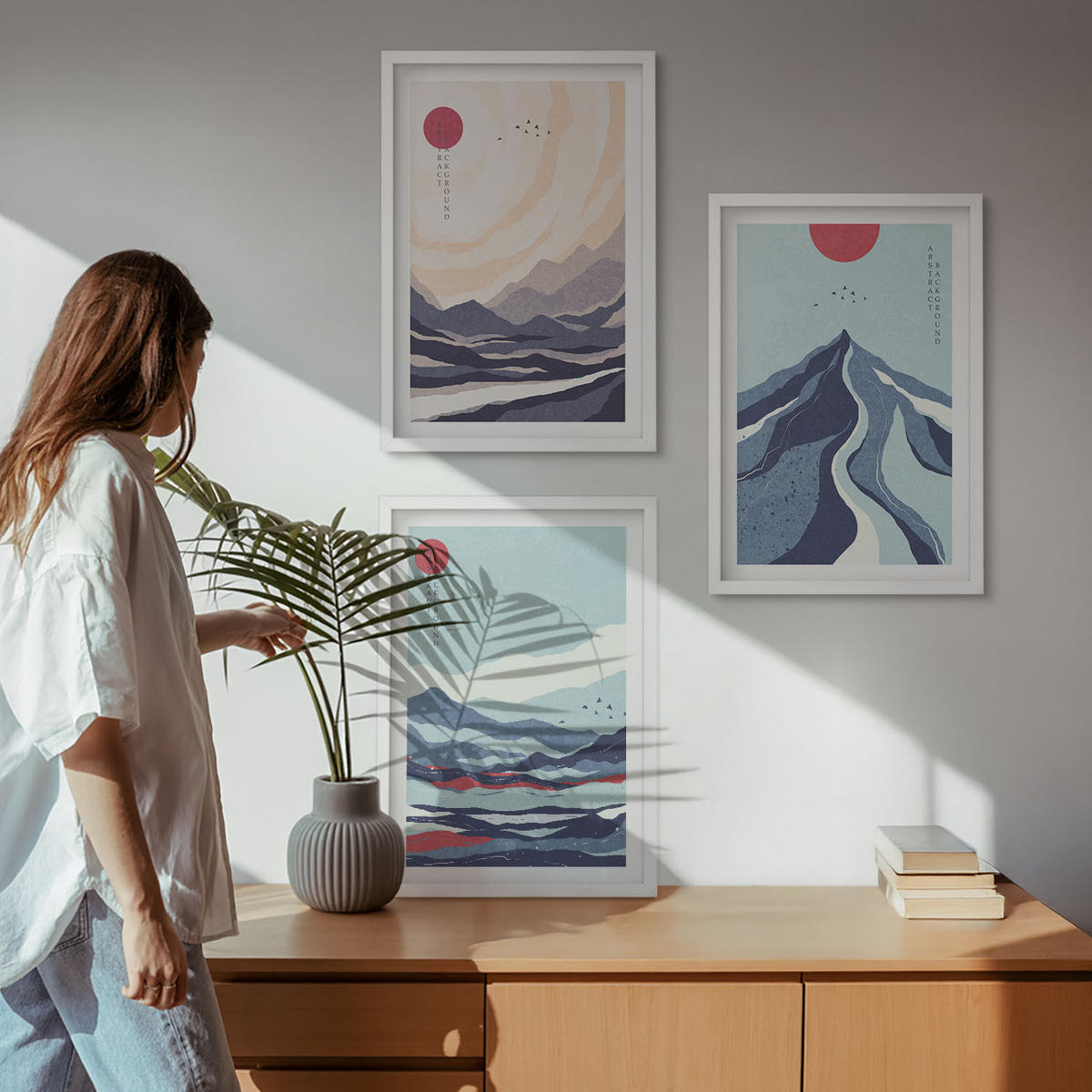 WANDBILDER 3er-Set - 40x60 cm Weißer Rahmen - Abstrakte japanische Berge - Weiß, Kunststoff (40/60cm) - ArtPrintCave