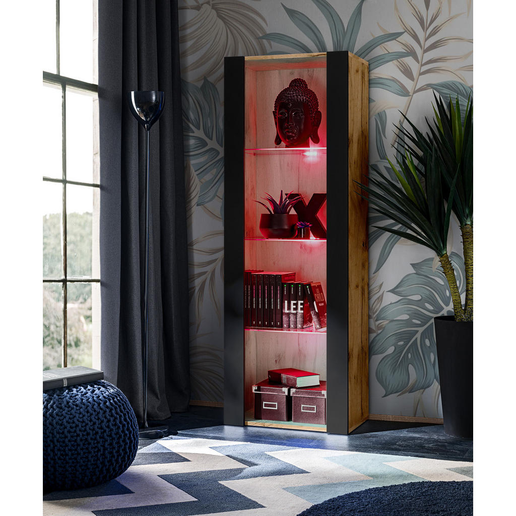 Thumbnail - Komodee Vitrine, Eiche Wotan, Schwarz, Glas, Holz Optik, 3 Fächer, Rechteckig, 55x159x35 cm, Wohnzimmer, Wohnwände, Vitr...