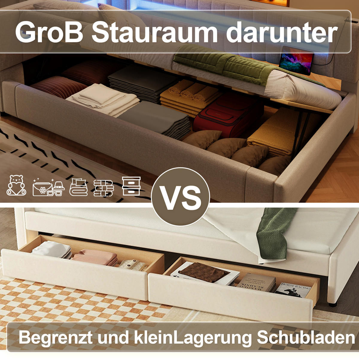 POLSTERBETT 90/200 cm Beige aus Leinen mit LED-Lichtleiste und Stauraum - Beige, Textil (90/200cm) - OKMYHOME