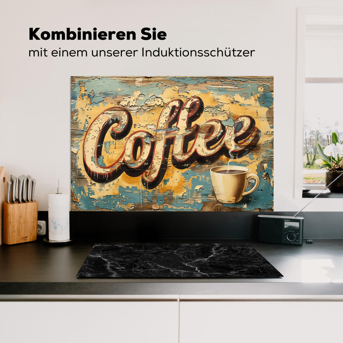 SPRITZSCHUTZ KÜCHE Kaffee - Vintage - Braun - Tasse 90x60 cm - Teakfarben, Metall (90/0.3/60cm) - MuchoWow
