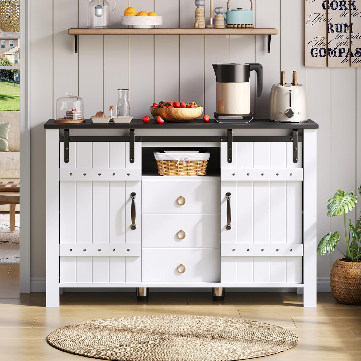 BUFFETSCHRANK in Weiß Seitenschrank mit Schiebetüren und Schubladen für Küche und Wohnzimmer, B120/T40/H80 cm - Weiß, Holzwerkstoff/Metall (120/80/40cm) - STILVORA