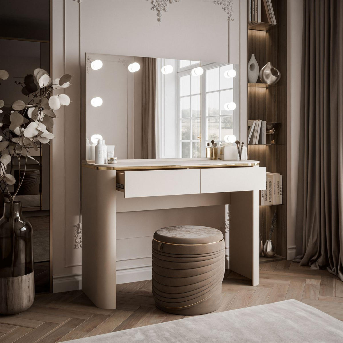 SCHMINKTISCH AVELINE ELITE mit Spiegel und LED-Beleuchtung - Kaschmir, Holzwerkstoff (110/80/40cm) - Lookway