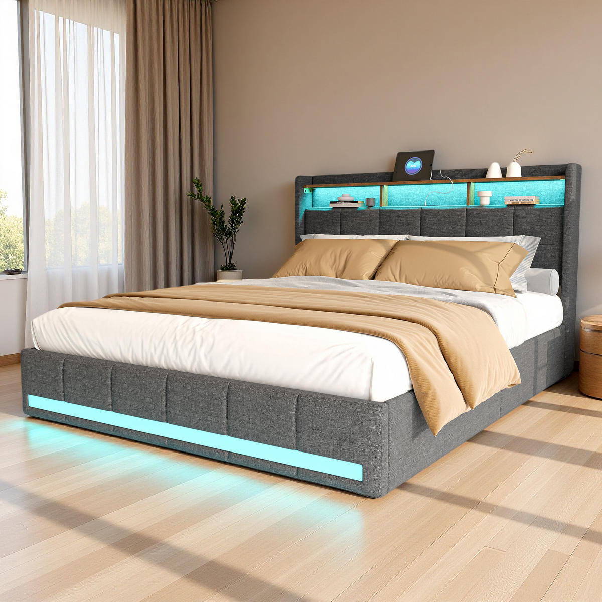 POLSTERBETT 180x200 cm Grau Stoff LED USB Typ-C 4 Schubladen - Schwarz, Holz (180/200cm) - SHOPENTRA