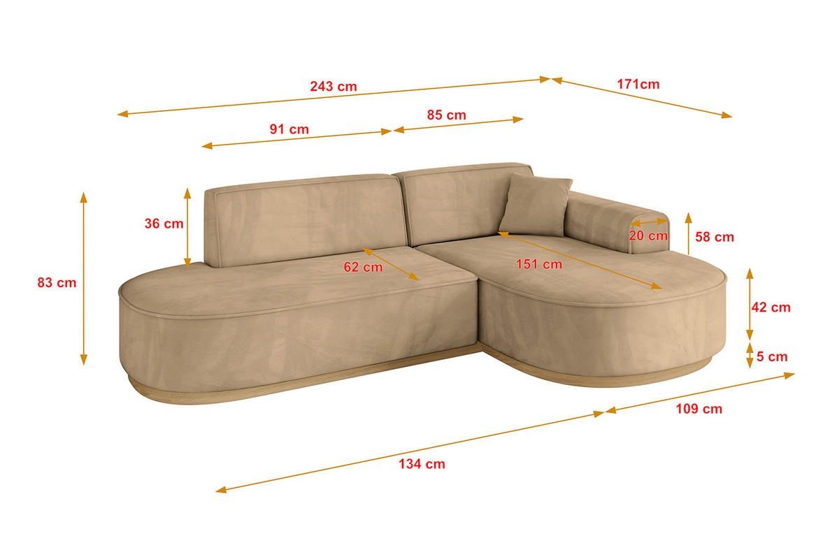 ECKSOFA Ottomane Rechts MARI-L1-v2 - 243x171x83 cm Taupe Velours - Taupe, Holzwerkstoff/Textil (171/243cm) - ALTDECOR