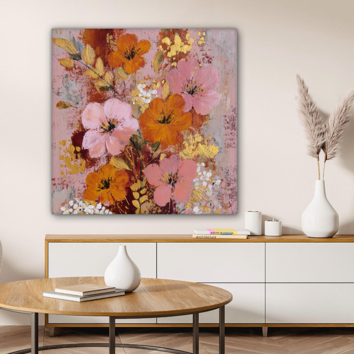 LEINWANDBILD Malerei - Blumen - Rustikal - Rosa Deko Groß 90x90 cm - Altrosa, Textil (90/90cm) - MuchoWow