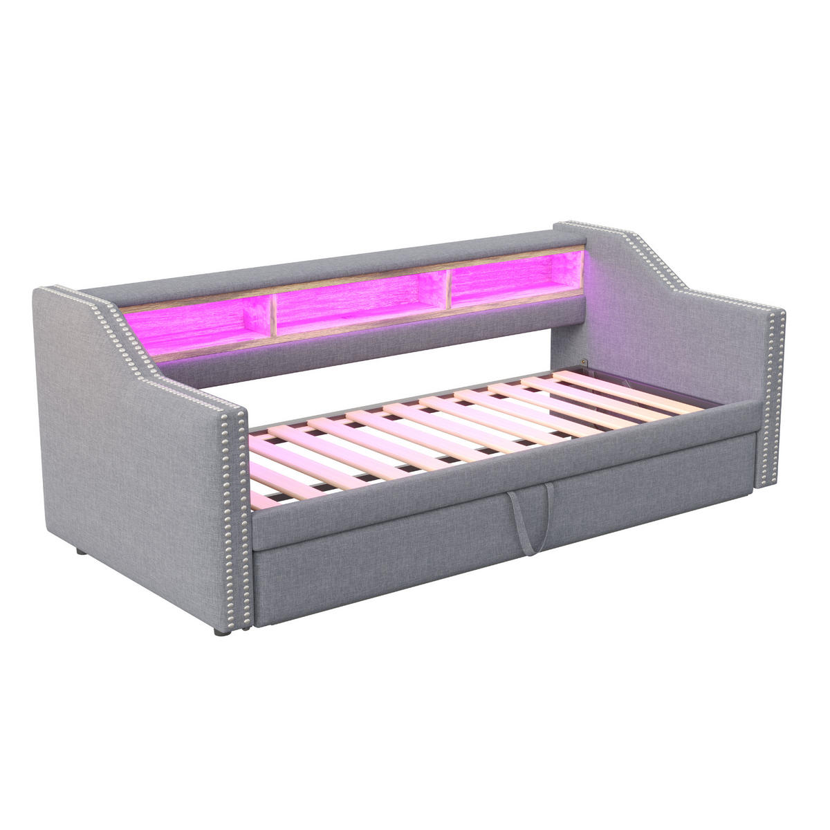 AUSZIEHBETT 90/180/190 cm DE-01942, in Hellgrau, mit LED, USB und Staufach - Hellgrau, Holzwerkstoff/Metall (90/190cm) - ComfortXL