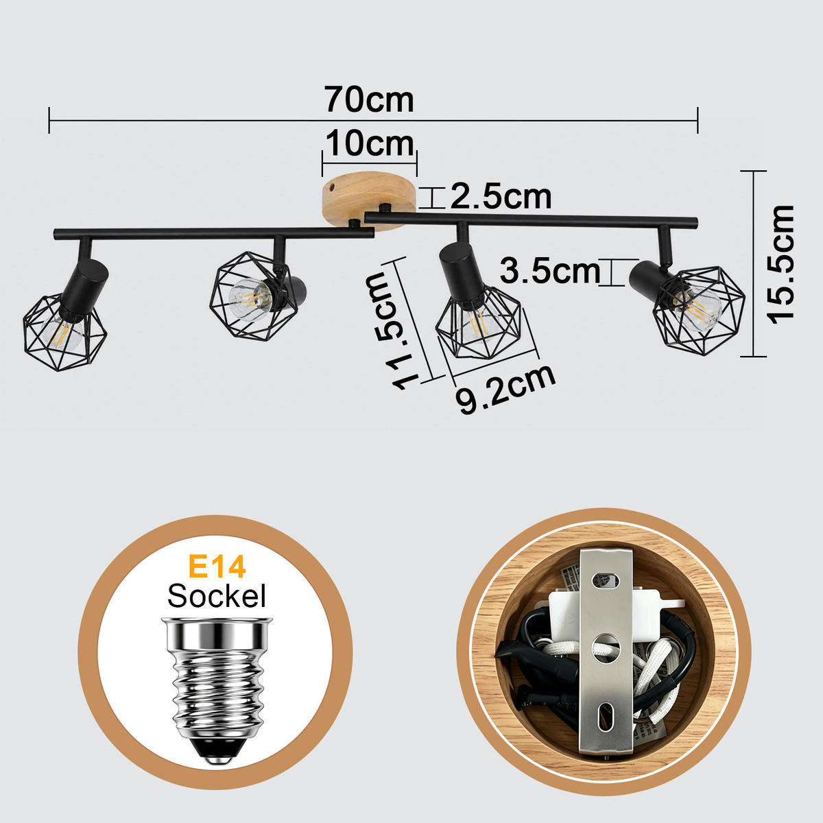 DECKENSTRAHLER Evvin 70/9.2/15.5 cm - Schwarz/Braun, Holz/Metall (70/9.2/15.5cm) - ZMH