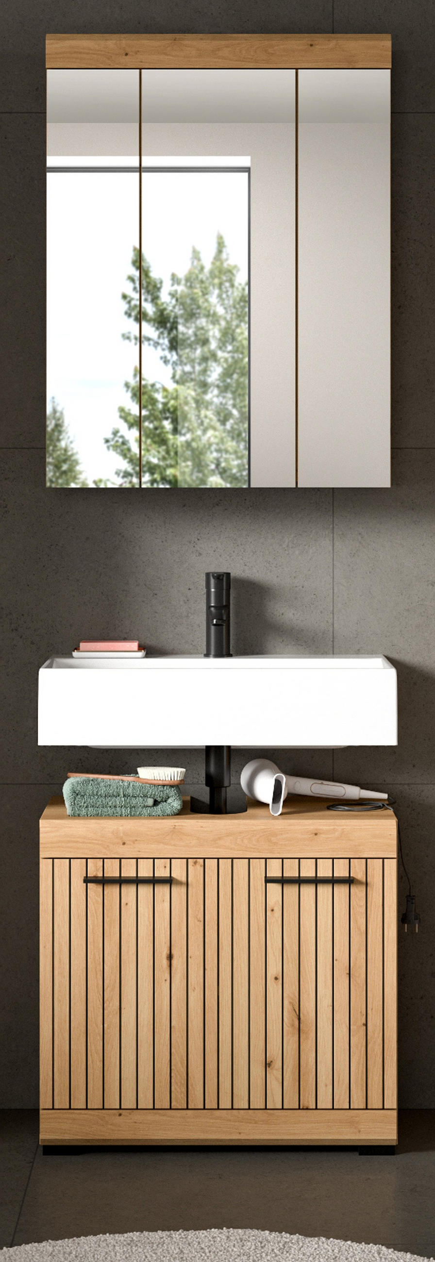 BADMÖBEL-SET 2-teilig Eiche Artisan 60 x 191 cm, Badkombination modernes Design - Schwarz/Eiche Artisan, Glas/Holzwerkstoff (60/191/34cm) - Inn.Furn