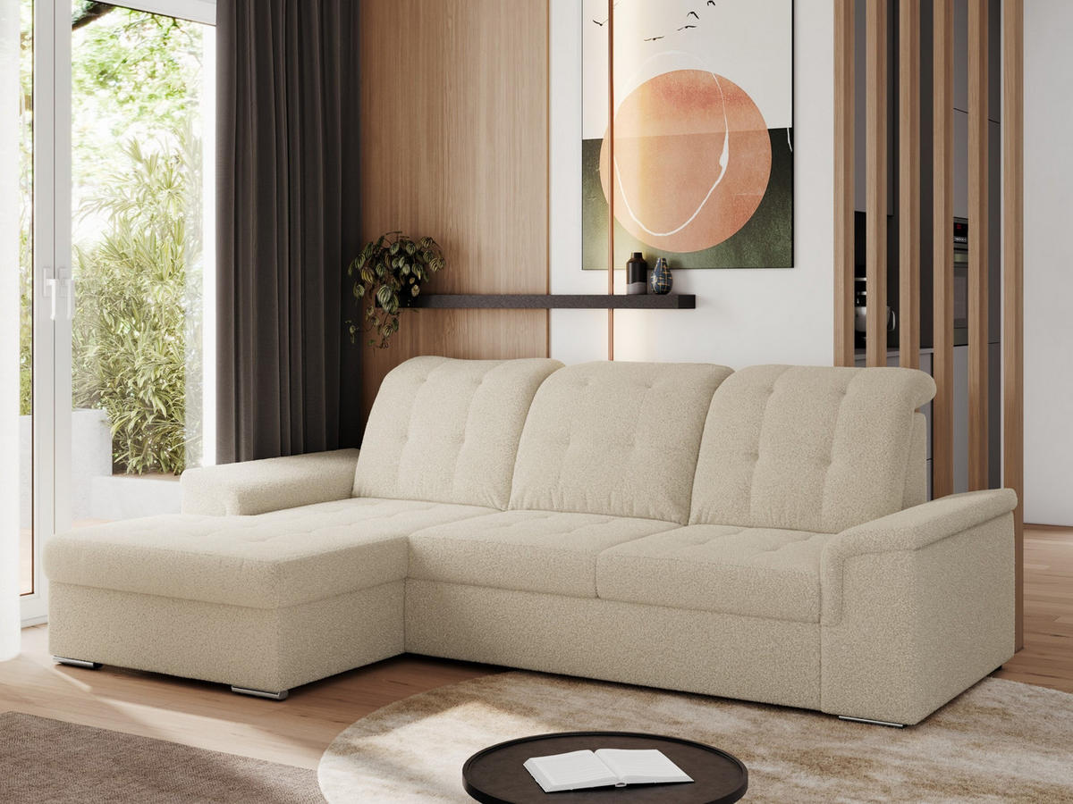 ECKSOFA MADRITO L - Beige Boucle - Links - Beige/Silberfarben, Textil/Metall (160/256cm)