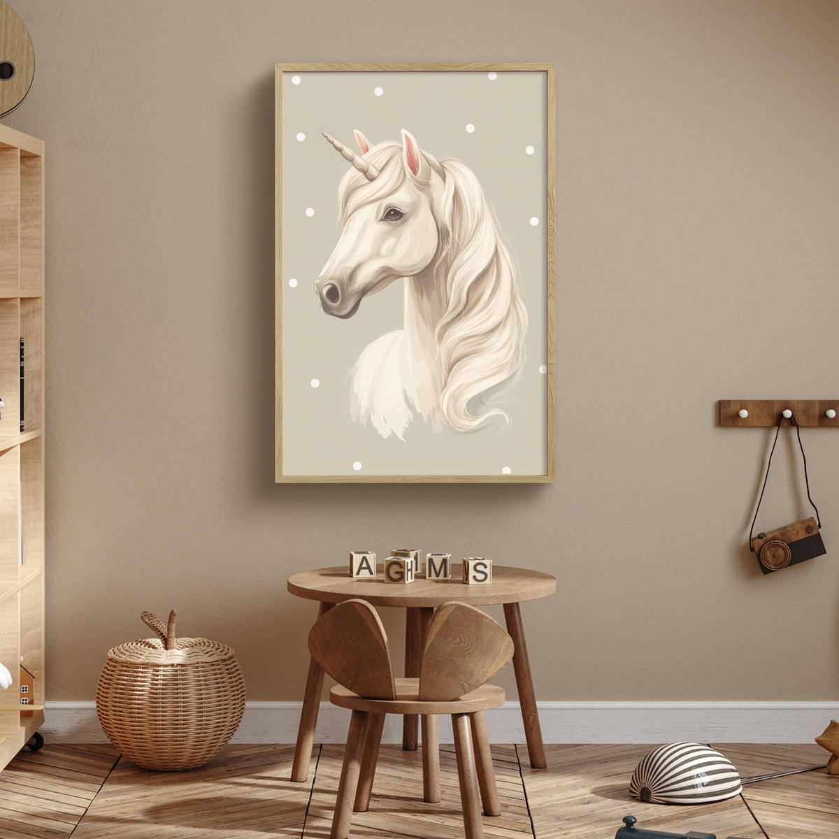 NÁSTĚNNÁ LAMPA S AKUMULÁTOREM Jednorožec - bílý - tečky 60x90 cm - šedohnědá, kompozitní dřevo (60/90/8cm) - OnlyWow