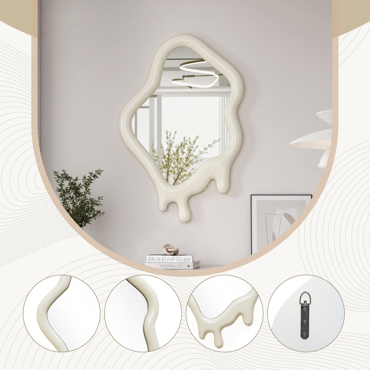 ASYMMETRISCHER Spiegel mit Holzrahmen 75×50 cm - Creme, Glas/Holz (50/3.5/75cm)