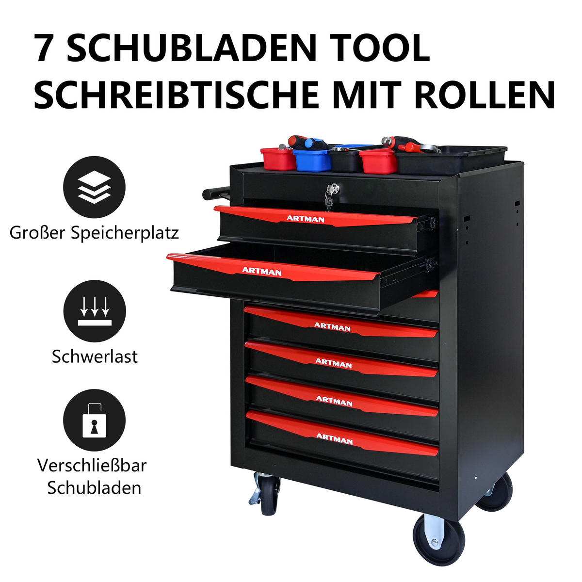 KOMBINATIONS-WERKZEUGSCHRANK – 7 Schubladen – 508 mm (20 Zoll) – Farbgebung: Schwarz und Rot - Multicolor, Metall (33/77.5/60cm) - DCA
