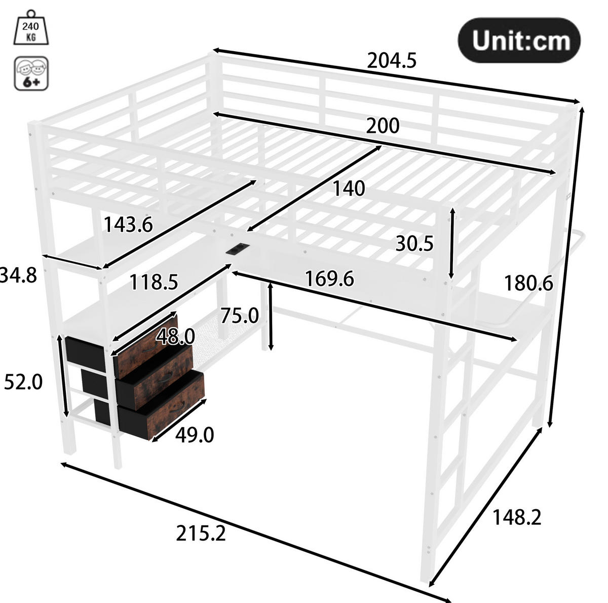 HOCHBETT 140/200 cm Weiß aus Metall und MDF mit Schreibtisch - Weiß, Metall (140/200cm) - OKMYHOME