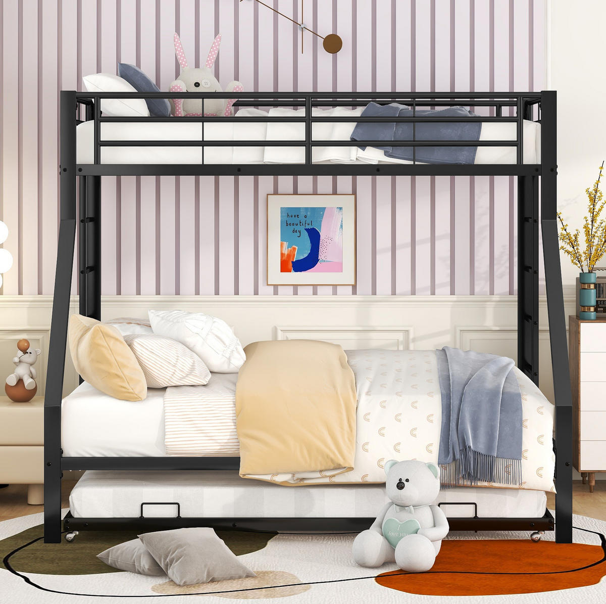 ETAGENBETT aus Metall 90/200 cm und 140/200 cm in Schwarz mit Ausziehbett - Schwarz, Metall (90/200cm) - MIVRAY