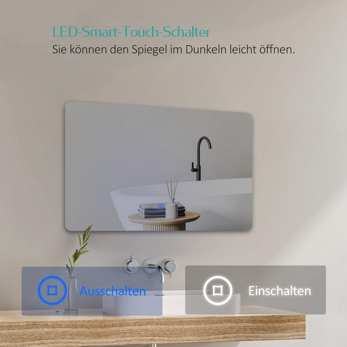 BADSPIEGEL mit Touch-Schalter Beleuchtung Rechteckig 100/60 cm - Weiß, Glas (60/3/100cm) - EMKE