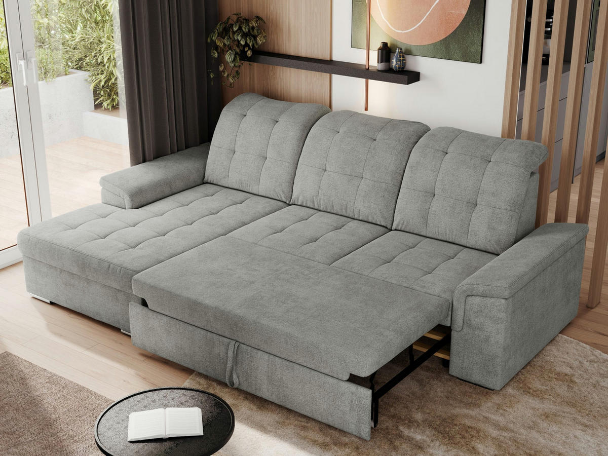 ECKSOFA MADRITO L - Hellgrau Struktur - Links - Silberfarben/Hellgrau, Textil/Metall (160/256cm)