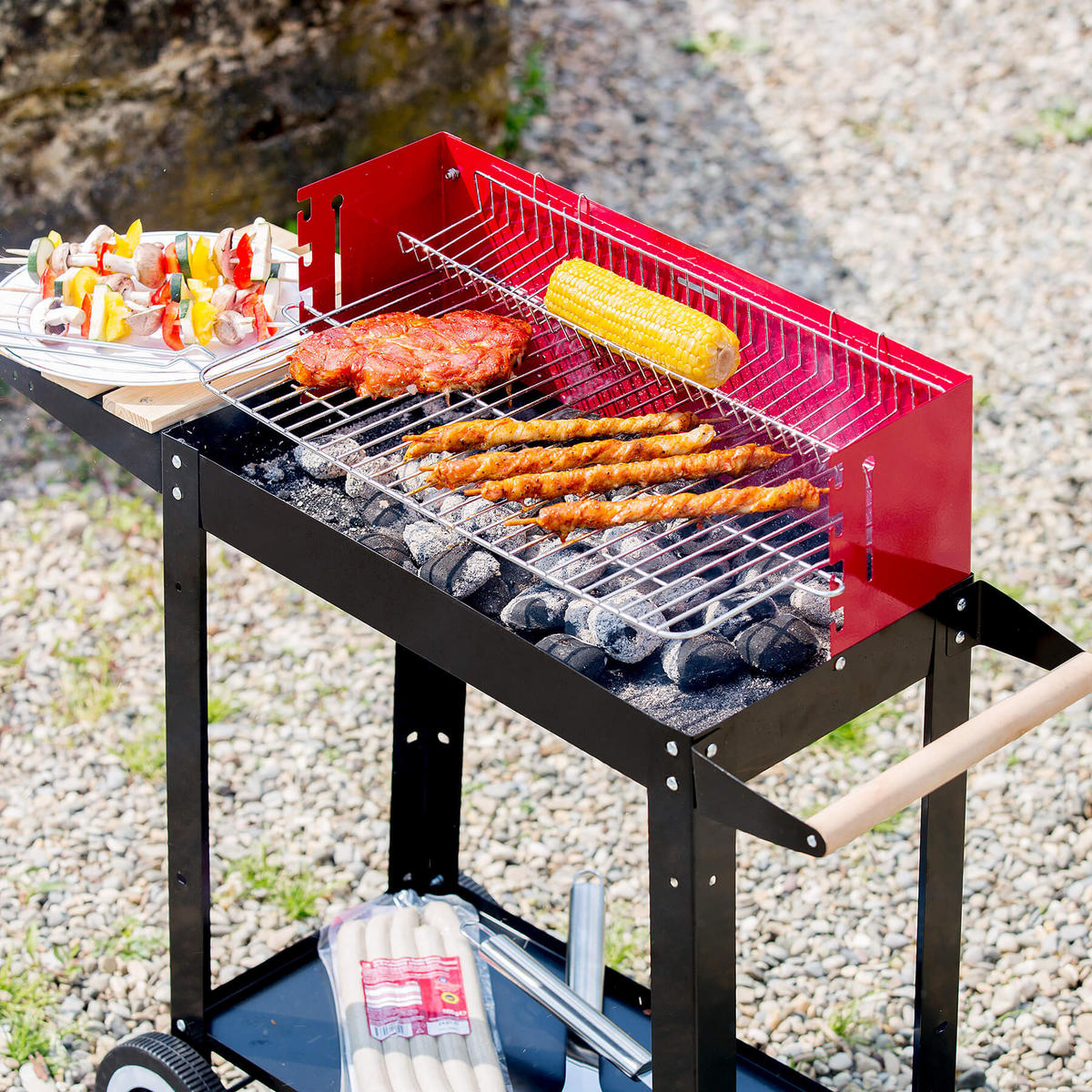 GRILLWAGEN ,86 x 34 x 80 cm,schwarz/rot - Rot/Schwarz, Metall (34/80/86cm) - tectake
