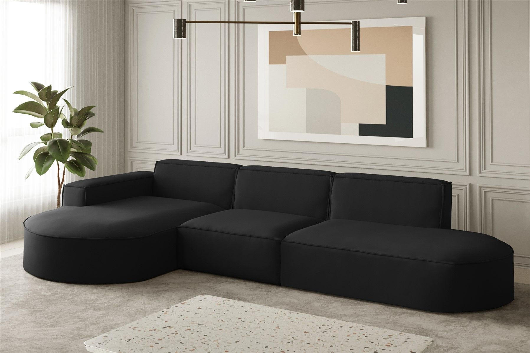 ECKSOFA Ottomane Palma Opera Velvet - Schwarz, Holzwerkstoff/Textil (296/165cm) - Fun Möbel
