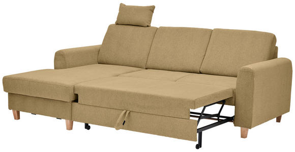 ECKSOFA Honig Flachgewebe Bettkasten, Schlaffunktion, Rücken echt, Kopfstütze, Liegefläche im Originalstoff  - Buchefarben/Honig, KONVENTIONELL, Holz/Textil (166/241cm) - Carryhome