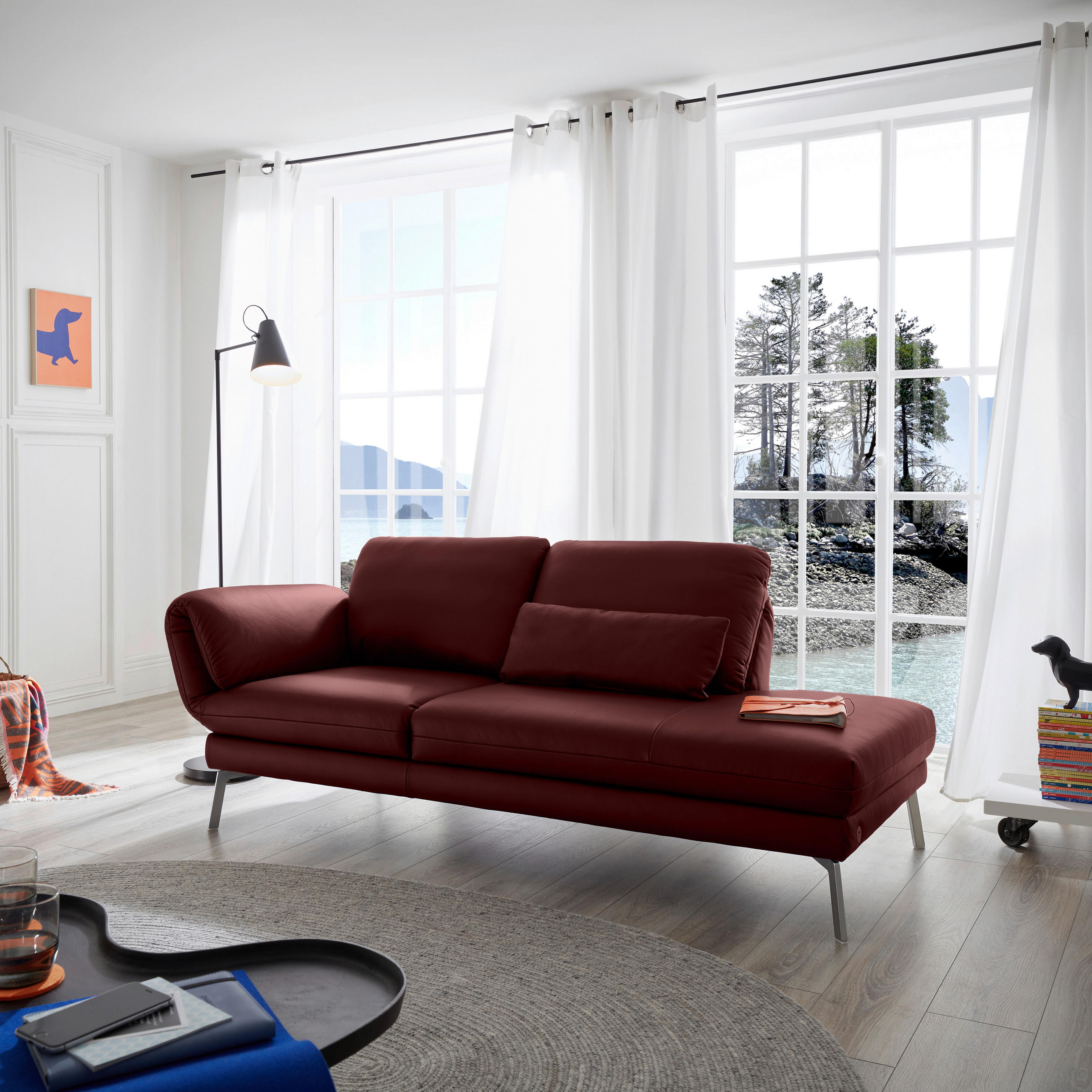 RÉCAMIERE in Echtleder Rot  - Chromfarben/Rot, Design, Leder/Metall (209/85-109/95-16cm) - Dieter Knoll