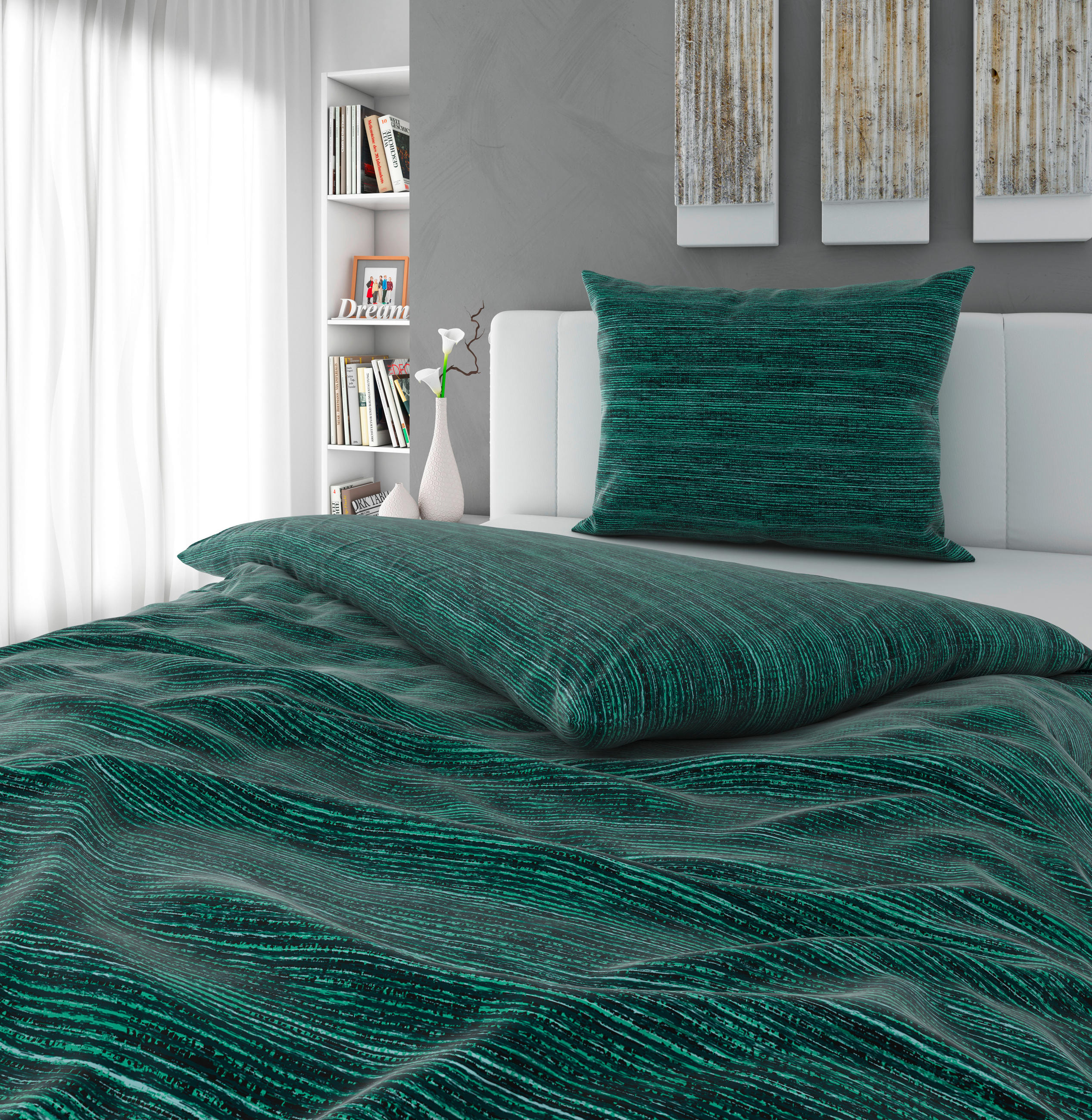 BETTWÄSCHESET CARO Satin 160/210 cm  50 cm/70 cm  - Grün, Konventionell, Textil (160/210cm) - Novel