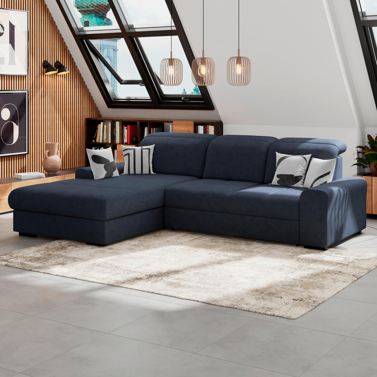 ECKSOFA Blau Chenille Rücken echt, Kopfteilverstellung  - Blau/Schwarz, KONVENTIONELL, Holz/Textil (203/286cm) - MID.YOU