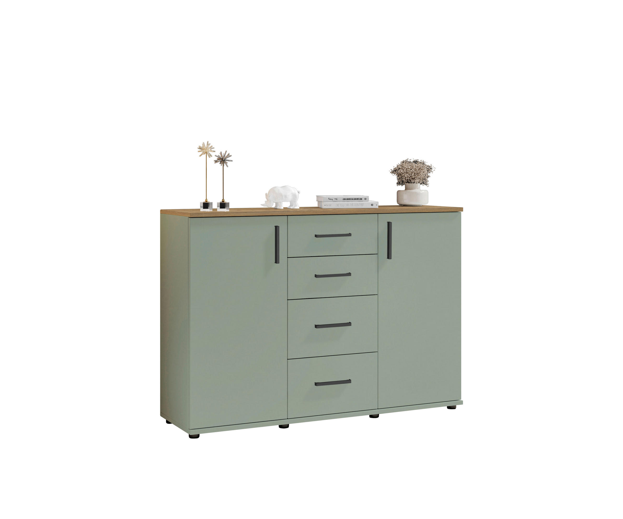 KOMMODE , 120/84/35 cm, 4 Schublade(n)  - Eichefarben/Salbeigrün, Design, Holzwerkstoff/Kunststoff (120/84/35cm) - MID.YOU