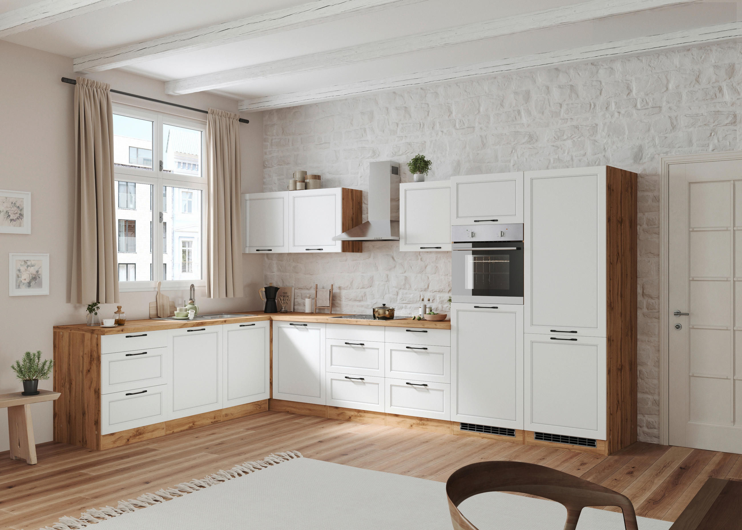 ECKKÜCHE 240/360 cm  in Weiß, Eiche Wotan  - Eiche Wotan/Schwarz, LIFESTYLE, Holzwerkstoff/Metall (240/360cm) - Held