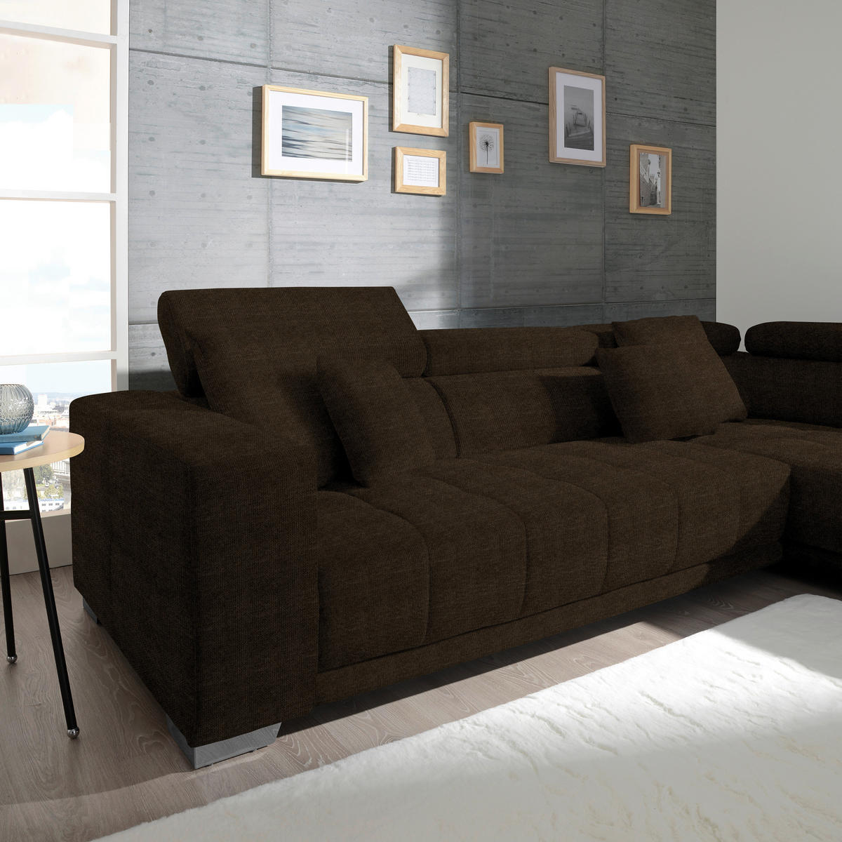ECKSOFA in Mikrofaser Dunkelbraun  - Chromfarben/Dunkelbraun, Design, Textil/Metall (301/207cm) - Xora