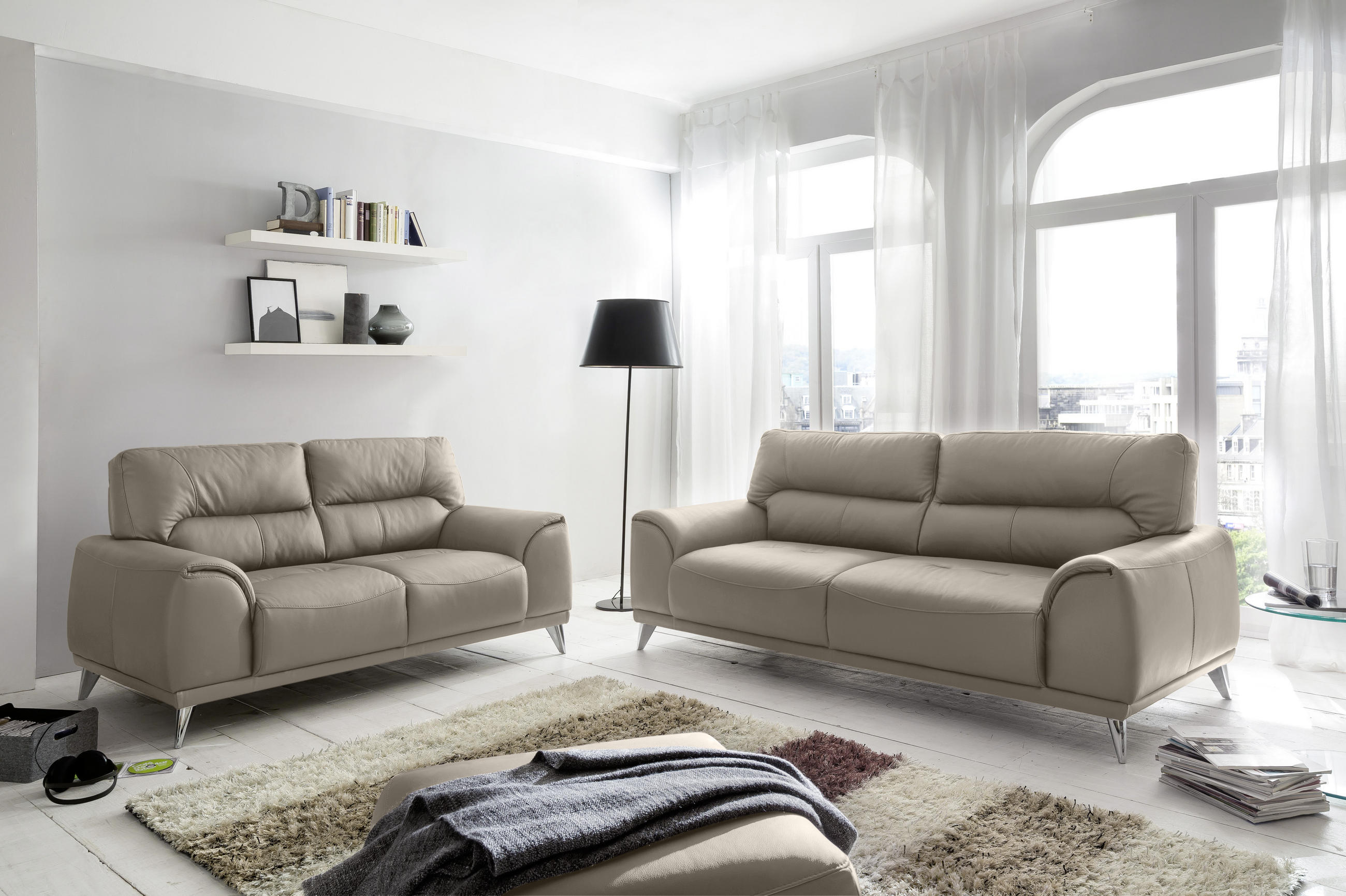2-SITZER-SOFA Lederlook Sandfarben  - Sandfarben/Chromfarben, MODERN, Textil/Metall (166/92/96cm) - MID.YOU